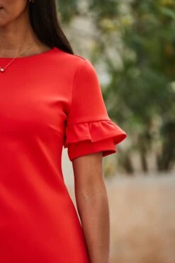 Red Ponte Ruffle Sleeve Shift Jersey Dress -Sosandar Fashion Store web 2306 120 s23dj209rd0001 120 199