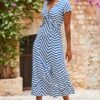 White & Blue Geometric Stripe Print Twist Front Maxi Dress
