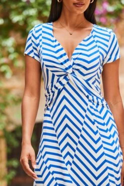 White & Blue Geometric Stripe Print Twist Front Maxi Dress -Sosandar Fashion Store web 2306 127 s22dj077nage01 127 139 1