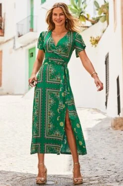 Green Scarf Print Faux Wrap Maxi Jersey Dress