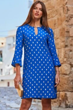 Bright Blue Metallic Spot Keyhole Detail Shift Dress -Sosandar Fashion Store web 2306 18 s23dw222bl0001 18 109