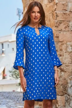 Bright Blue Metallic Spot Keyhole Detail Shift Dress
