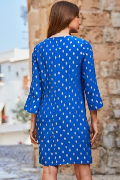 Bright Blue Metallic Spot Keyhole Detail Shift Dress -Sosandar Fashion Store web 2306 18 s23dw222bl0001 18 232