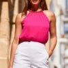 Hot Pink Chain Trim Halter Neck Top -Sosandar Fashion Store web 2306 21 s23tw160pk0013 21 090