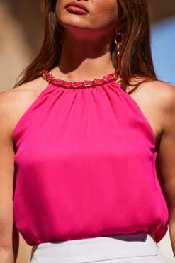 Hot Pink Chain Trim Halter Neck Top 13 Hot Pink Chain Trim Halter Neck Top -Sosandar Fashion Store web 2306 21 s23tw160pk0013 21 236