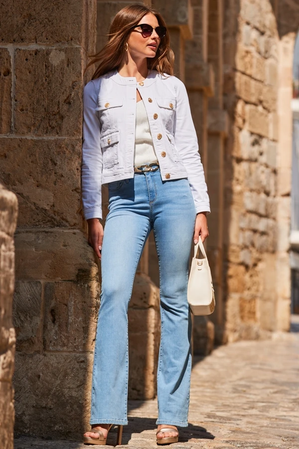 White Round Neck Pocket Front Denim Jacket 4 White Round Neck Pocket Front Denim Jacket - Image 2