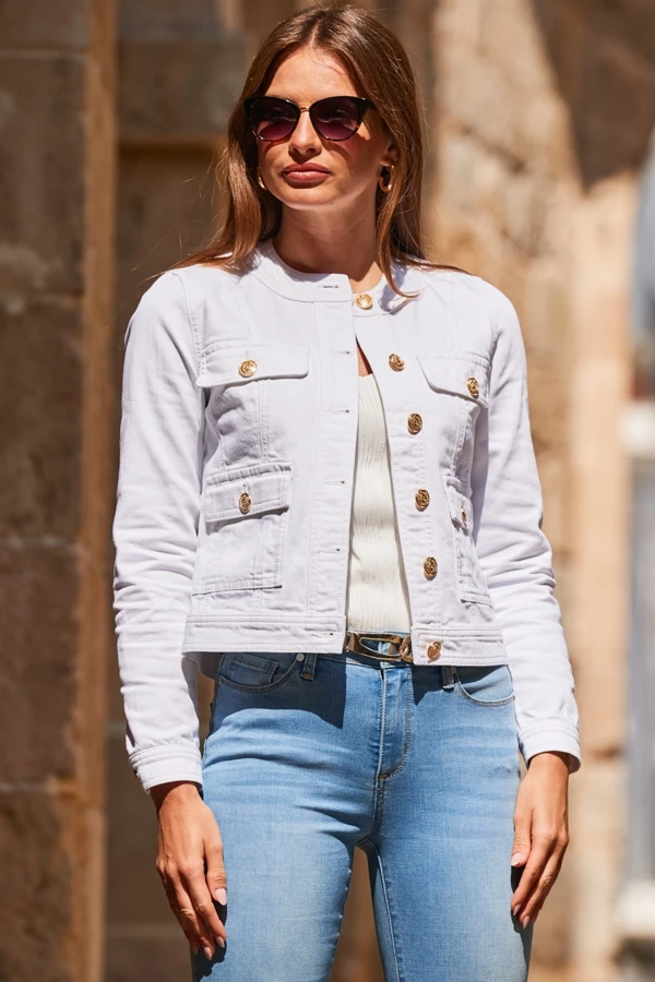 White Round Neck Pocket Front Denim Jacket 6 White Round Neck Pocket Front Denim Jacket - Image 4