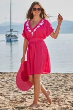 Pink Embroidered Floral Detail Tie Back Beach Kaftan -Sosandar Fashion Store web 2306 49 s21rw013pk0020 49 032