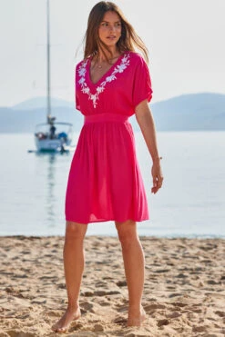 Pink Embroidered Floral Detail Tie Back Beach Kaftan -Sosandar Fashion Store web 2306 49 s21rw013pk0020 49 099