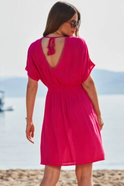 Pink Embroidered Floral Detail Tie Back Beach Kaftan -Sosandar Fashion Store web 2306 49 s21rw013pk0020 49 275