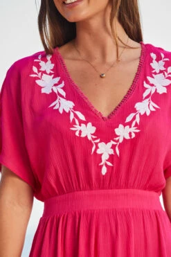 Pink Embroidered Floral Detail Tie Back Beach Kaftan -Sosandar Fashion Store web 2306 49 s21rw013pk0020 49 286