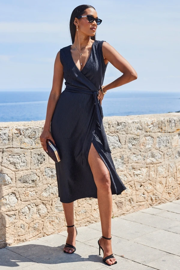 Black Plisse Sleeveless Midi Wrap Jersey Dress 4 Black Plisse Sleeveless Midi Wrap Jersey Dress - Image 2