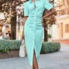 Mint Green Ruched Waist Popper Front Denim Dress 2 Mint Green Ruched Waist Popper Front Denim Dress -Sosandar Fashion Store web 2306 89 s25dd011be0041 89 090 rc