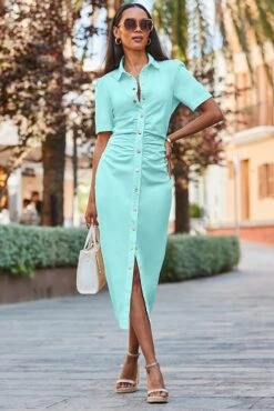 Mint Green Ruched Waist Popper Front Denim Dress