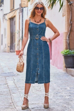 Dark Indigo Button Front Buckle Detail Denim Midi Dress -Sosandar Fashion Store web 2306 95 s23dd051in0007 95 2 021 rt