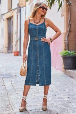 Dark Indigo Button Front Buckle Detail Denim Midi Dress -Sosandar Fashion Store web 2306 95 s23dd051in0007 95 2 023 rt