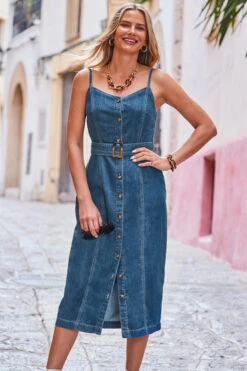 Dark Indigo Button Front Buckle Detail Denim Midi Dress -Sosandar Fashion Store web 2306 95 s23dd051in0007 95 2 210 rt