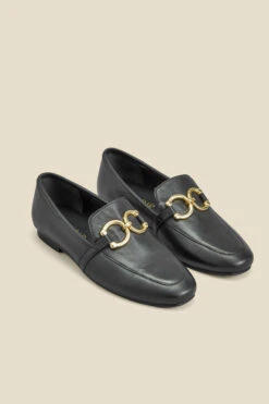 Black Leather Gold Trim Detail Loafers