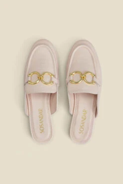 Pale Pink Leather Gold Trim Detail Mule Loafers -Sosandar Fashion Store web 2306 box s23fw032pk0003 c