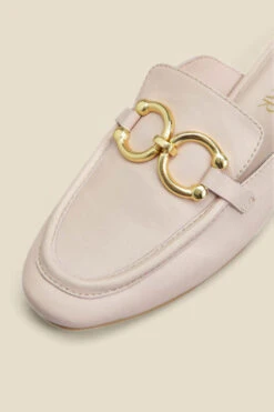 Pale Pink Leather Gold Trim Detail Mule Loafers -Sosandar Fashion Store web 2306 box s23fw032pk0003 d