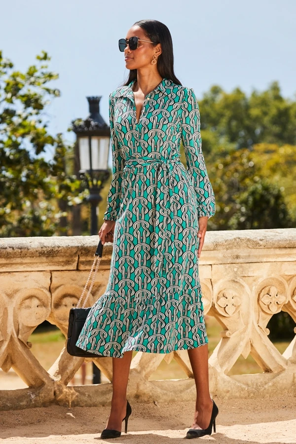 Green Chain Print Jersey Ruffle Hem Midi Shirt Dress 4 Green Chain Print Jersey Ruffle Hem Midi Shirt Dress - Image 2