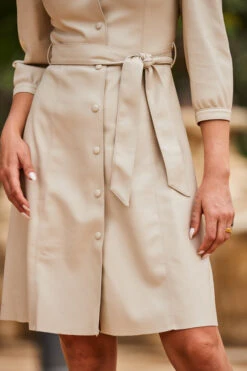 Ecru Faux Leather Fit & Flare Popper Front Shirt Dress -Sosandar Fashion Store web 2307 105 a23dp013eu0001 105 208