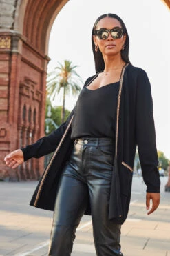 Black Longline Cardigan With Luxe Chain Trim -Sosandar Fashion Store web 2307 107 s23tk979bk0001 107 073