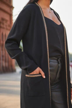 Black Longline Cardigan With Luxe Chain Trim -Sosandar Fashion Store web 2307 107 s23tk979bk0001 107 190