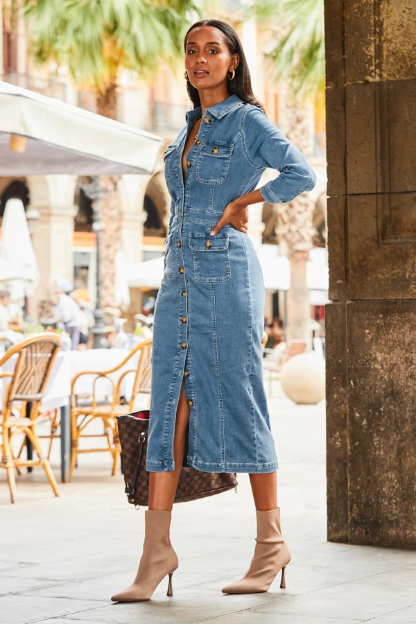 Mid Blue Pocket Detail Denim Pencil Dress 3 Mid Blue Pocket Detail Denim Pencil Dress