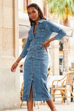 Mid Blue Pocket Detail Denim Pencil Dress 12 Mid Blue Pocket Detail Denim Pencil Dress -Sosandar Fashion Store web 2307 23 s23dd066be0010 23 196