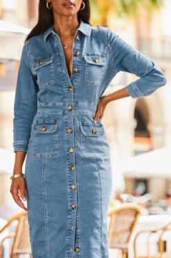 Mid Blue Pocket Detail Denim Pencil Dress 13 Mid Blue Pocket Detail Denim Pencil Dress -Sosandar Fashion Store web 2307 23 s23dd066be0010 23 233