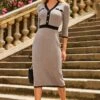 Taupe Contrast Trim Button Detail Knitted Dress -Sosandar Fashion Store web 2307 33 s23dk190bn0003 33 022 rt