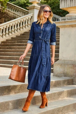 Dark Indigo Tiered Hem Denim Midi Dress 13 Dark Indigo Tiered Hem Denim Midi Dress -Sosandar Fashion Store web 2307 39 s23dd065in0007 39 034 rt