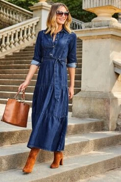 Dark Indigo Tiered Hem Denim Midi Dress -Sosandar Fashion Store web 2307 39 s23dd065in0007 39 034 rt2