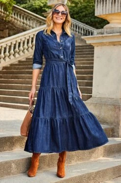 Dark Indigo Tiered Hem Denim Midi Dress -Sosandar Fashion Store web 2307 39 s23dd065in0007 39 043 rt2
