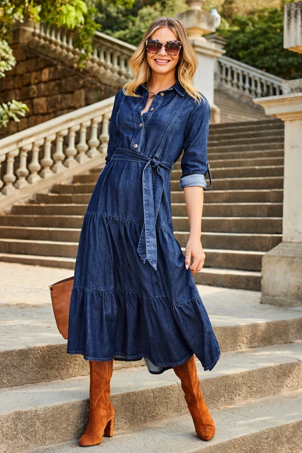 Dark Indigo Tiered Hem Denim Midi Dress 3 Dark Indigo Tiered Hem Denim Midi Dress