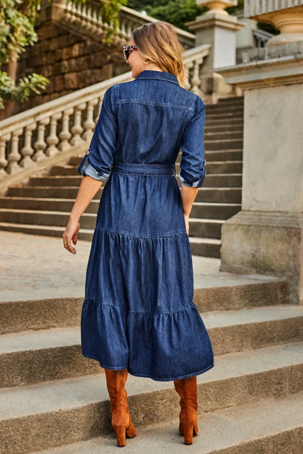 Dark Indigo Tiered Hem Denim Midi Dress 5 Dark Indigo Tiered Hem Denim Midi Dress - Image 3