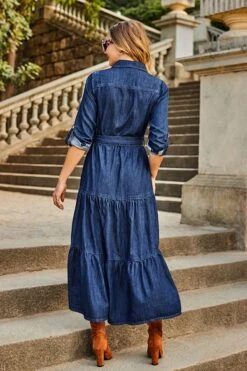 Dark Indigo Tiered Hem Denim Midi Dress -Sosandar Fashion Store web 2307 39 s23dd065in0007 39 197 rt2