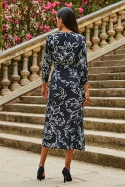 Black Floral Print Ruched Sleeve Midi Wrap Dress 12 Black Floral Print Ruched Sleeve Midi Wrap Dress -Sosandar Fashion Store web 2307 59 a22dw031bkfl01 59 006