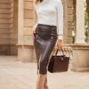 Chocolate Brown Faux Leather Pencil Skirt With Gold Buttons 2 Chocolate Brown Faux Leather Pencil Skirt With Gold Buttons -Sosandar Fashion Store web 2307 63 a23sp001pt0004 a23tk219nl0001 a23ow053nl0003 63 088 2