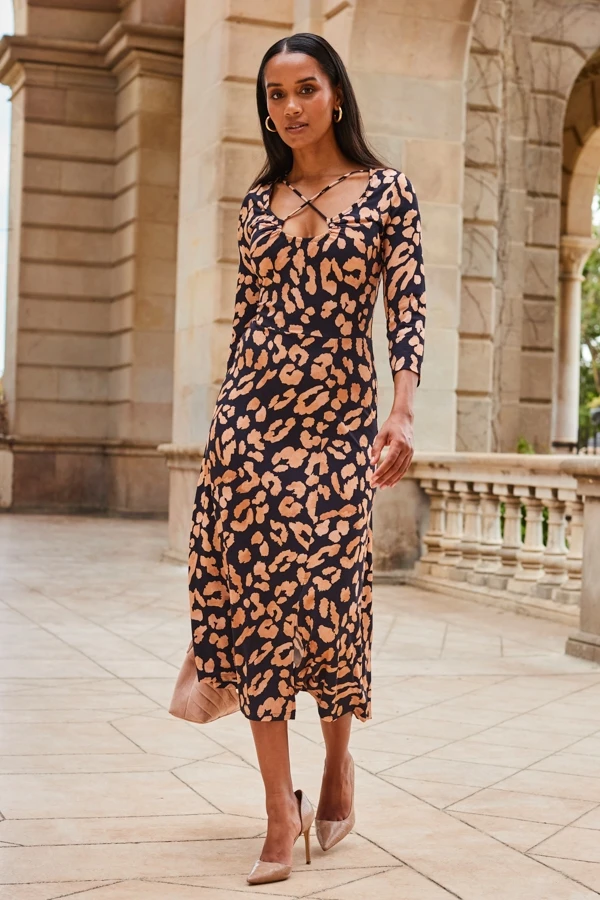 Leopard Print Cross Strap Midi Jersey Dress 3 Leopard Print Cross Strap Midi Jersey Dress