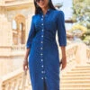 Indigo Blue Ruched Waist Denim Midi Dress -Sosandar Fashion Store web 2307 82 s23dd062be0032 82 049 rt