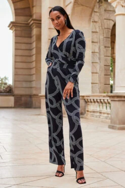 Black Geometric Print Faux Wrap Front Jumpsuit
