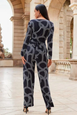 Black Geometric Print Faux Wrap Front Jumpsuit -Sosandar Fashion Store web 2307 84 a20jj004bkge01 84 095