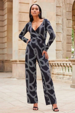 Black Geometric Print Faux Wrap Front Jumpsuit -Sosandar Fashion Store web 2307 84 a20jj004bkge01 84 108