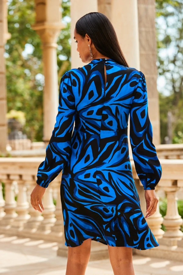 Blue Butterfly Print Cut Out Neck Fit & Flare Dress 5 Blue Butterfly Print Cut Out Neck Fit & Flare Dress - Image 3