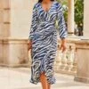 Navy Blue Animal & Chain Print Ruffle Hem Wrap Dress