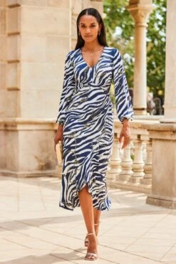Navy Blue Animal & Chain Print Ruffle Hem Wrap Dress