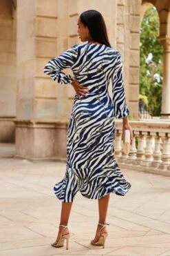 Navy Blue Animal & Chain Print Ruffle Hem Wrap Dress -Sosandar Fashion Store web 2307 90 s23dj244nacv01 90 114
