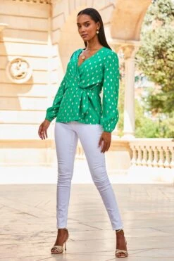 Green Metallic Fleck Print Blouson Sleeve Knot Front Top -Sosandar Fashion Store web 2307 92 s23tw121gn0020 92 008